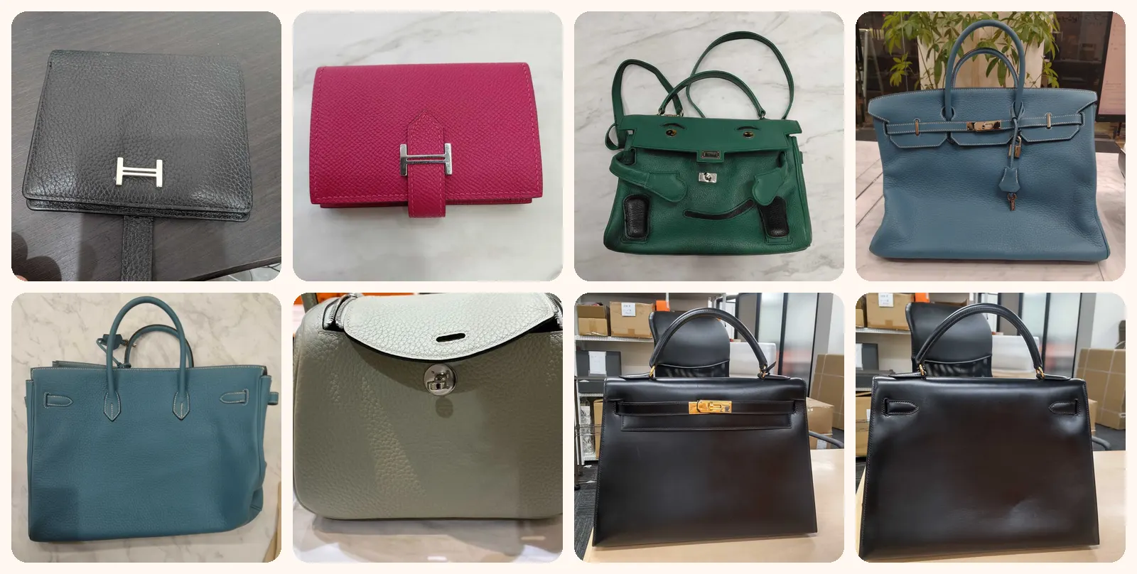 エルメスのバッグや財布8点を並べた写真