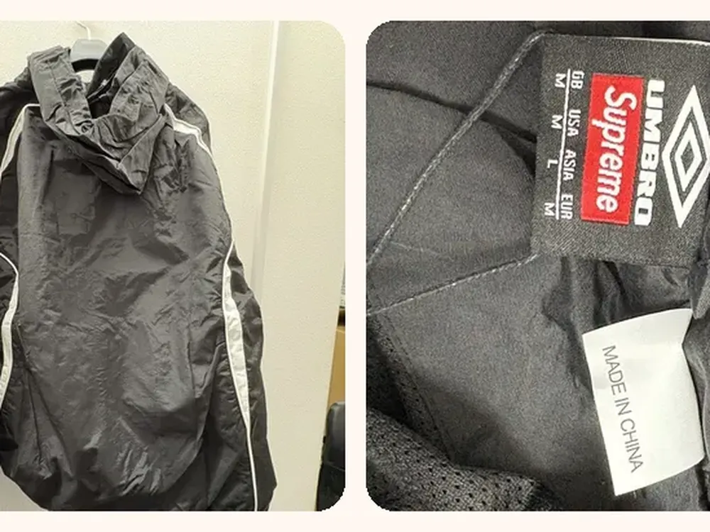シュプリームのウェアと、内側の品質表示タグの写真
