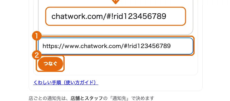 ChatworkのURLを貼る欄（1）と「つなぐ」（2）