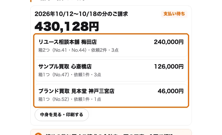 ご請求の中身。依頼者・店ごとの内訳