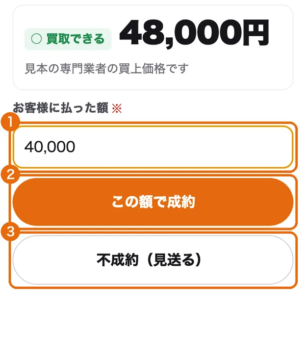 値段が届いた画面。お客様に払った額（1）・この額で成約（2）・不成約（3）